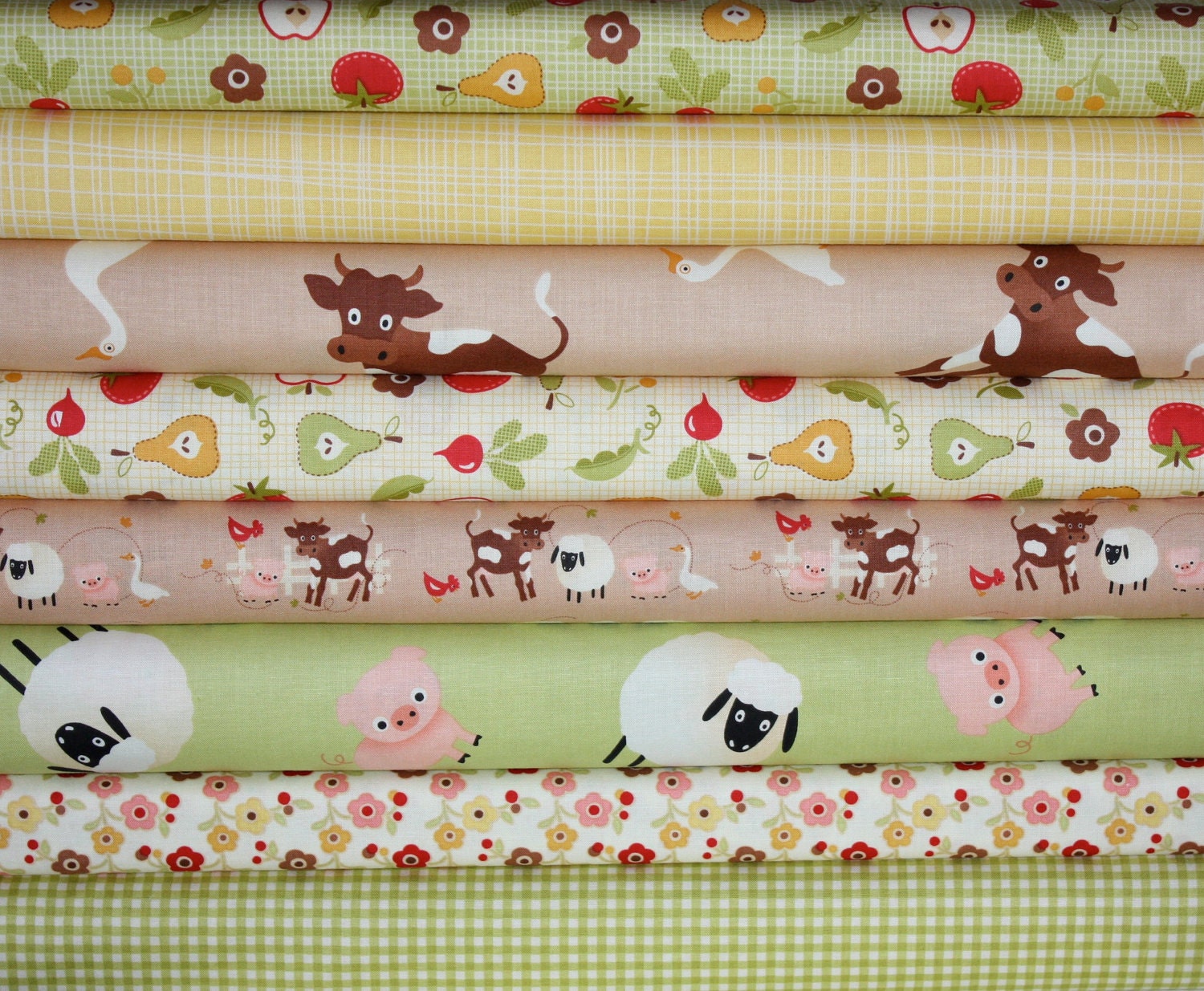 NEW LOOK Farm Fresh Fabric by October Afternoon for Riley Blake Designs- Green & Brown Fat Quarter Bundle, 8 total
