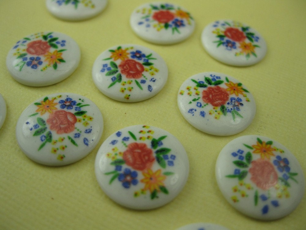 6 Vintage Glass Japanese Floral Cabochons