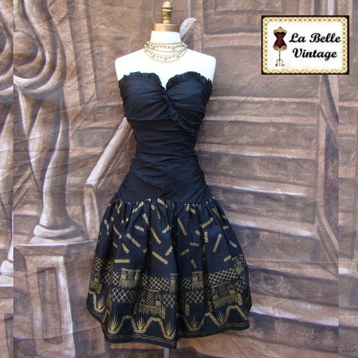 Vintage 80s ZANDRA RHODES Black Strapless Taffeta Prom Pinup Party Dress S