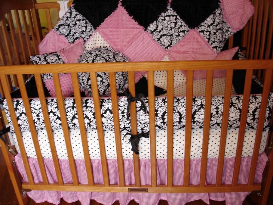 Custom Bright Pink Black and White Dandy Damask 4-Piece Crib Bedding Set
