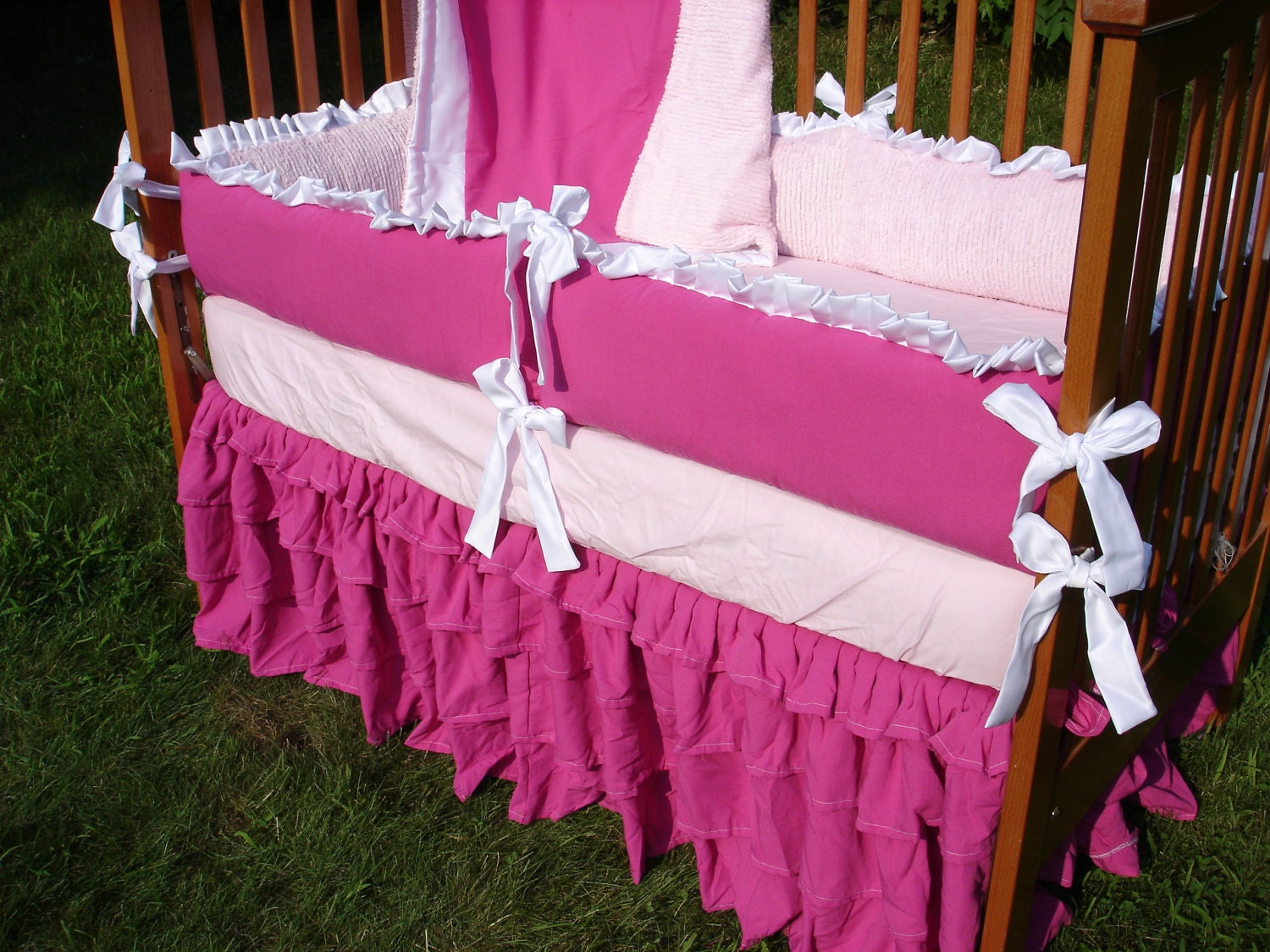 Custom Bright Rasberry Pink Linen/Chenille Luxury Ruffled Crib Bedding Set READY to SHIP Right Now SALE