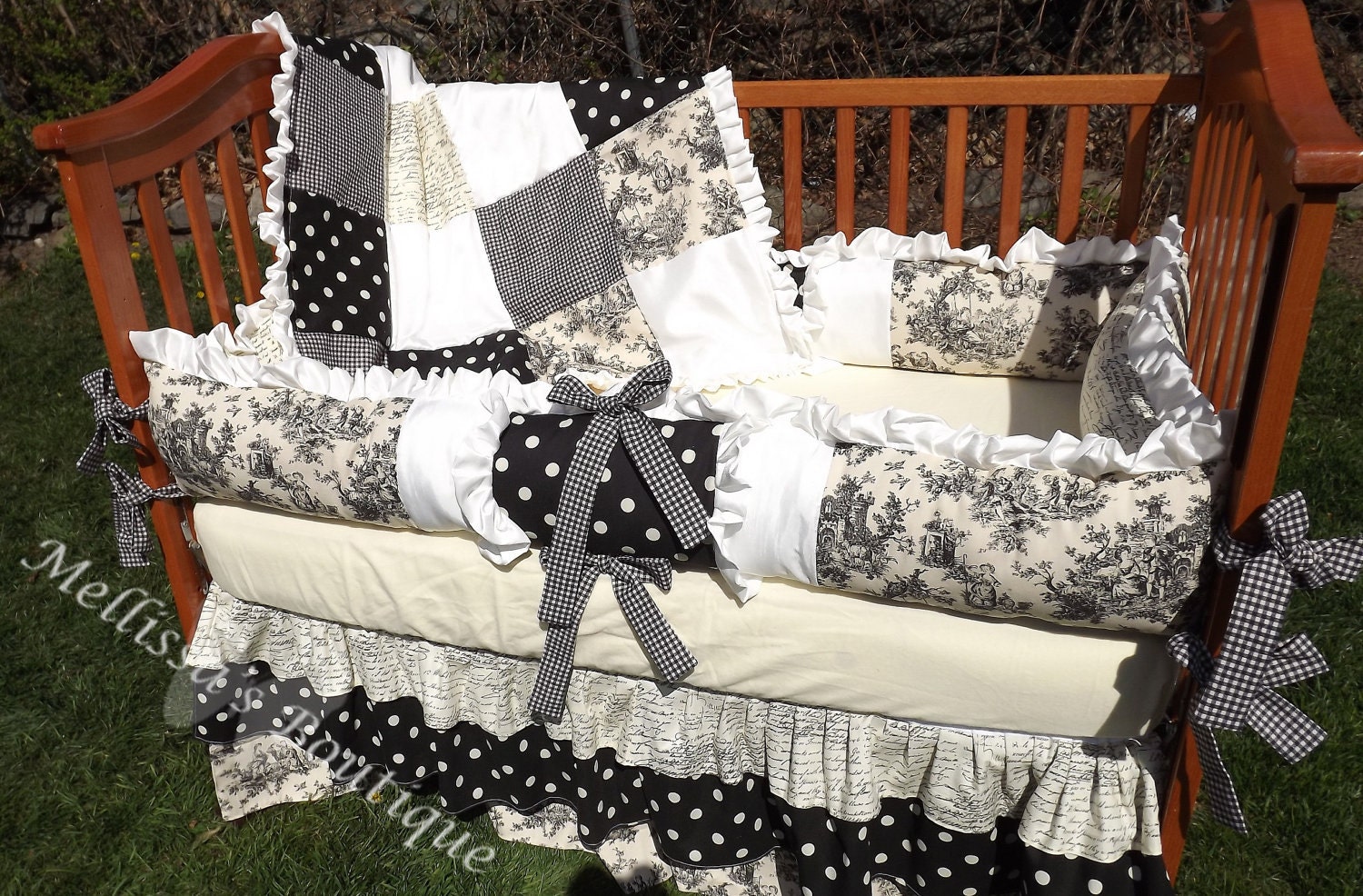 Custom Posh Black&Cream with Silk Baby Tiered Dust Ruffle Luxury Crib Bedding Set With Ruffles