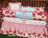Custom Tiffany Blue & Pinks and Reds 3-Piece Boutique Crib Nursery Bedding Set with Piping or a Ruffle