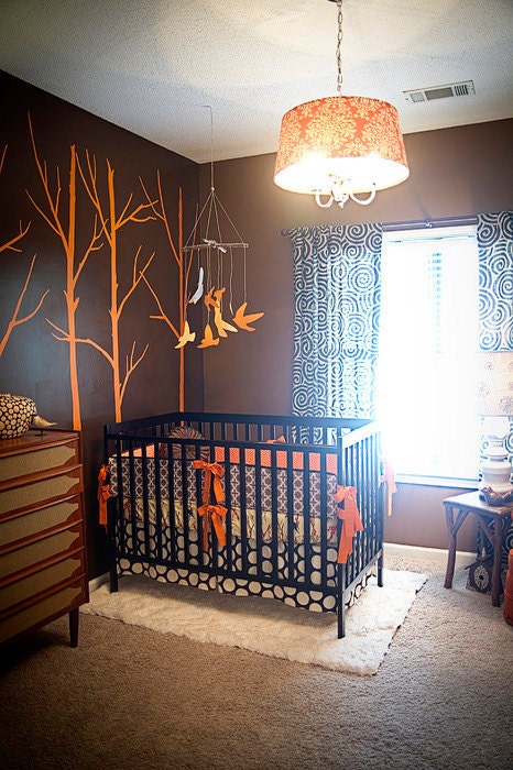 Custom for remojay Orange and Brown Modern Birds Boutique Crib Bedding Set with Piping(as seen in BABY TALK Magazine)