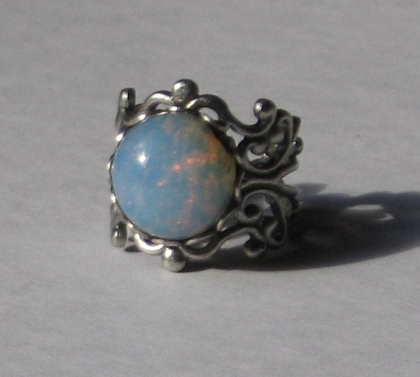 Fire Opal Ring - Hazy Blue in Antiqued Silver