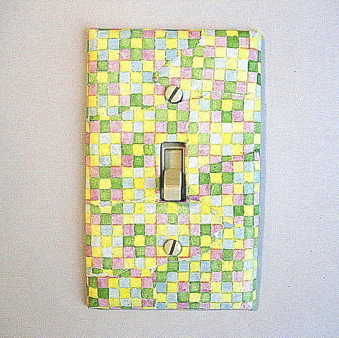 pastel pink green yellow white block pattern light switchplate