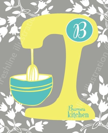 Kitchen Mixer Monogram Family Last Name Custom Art Print 8x10 in Your Color Scheme