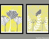 Yellow and Gray Wall Decor Set - Set of Two 8x10 Art Prints - Bird on Ferns and Lotus Blooms