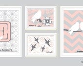Children or Nursery Art Prints - Set of Four Coordinating Bird Prints - Pink, Gray, Grey and White