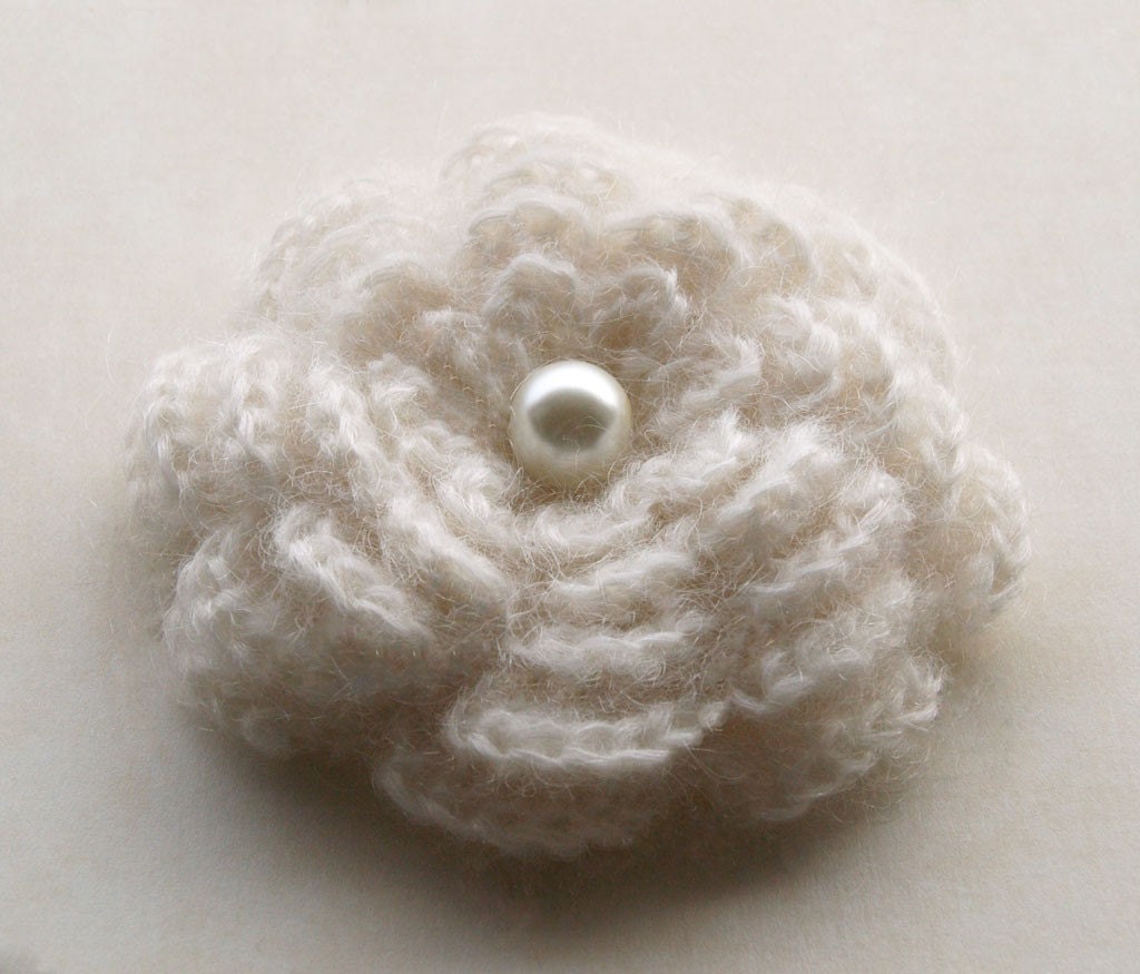 Large crochet flower brooch in ivory and cream