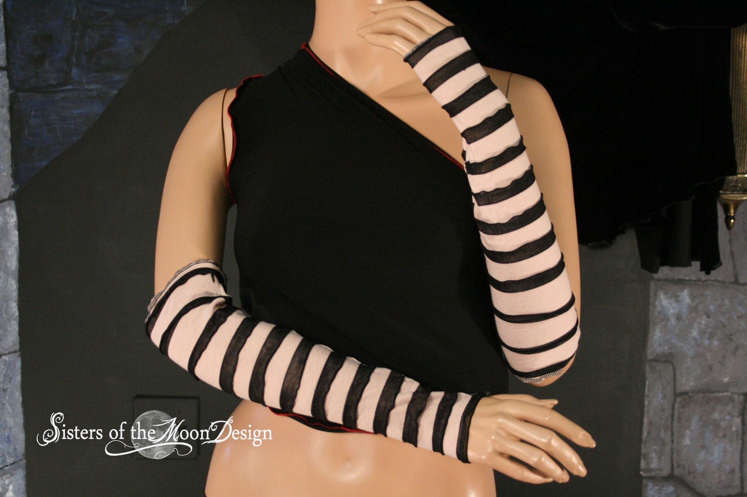 Nude and black stripe Arm warmers fingerless gloves -- Ready to Ship