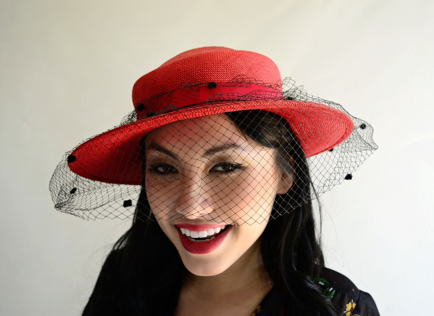 Vintage 80s Red Straw Hat Black Polka Dot Veiling Ribbon Rose