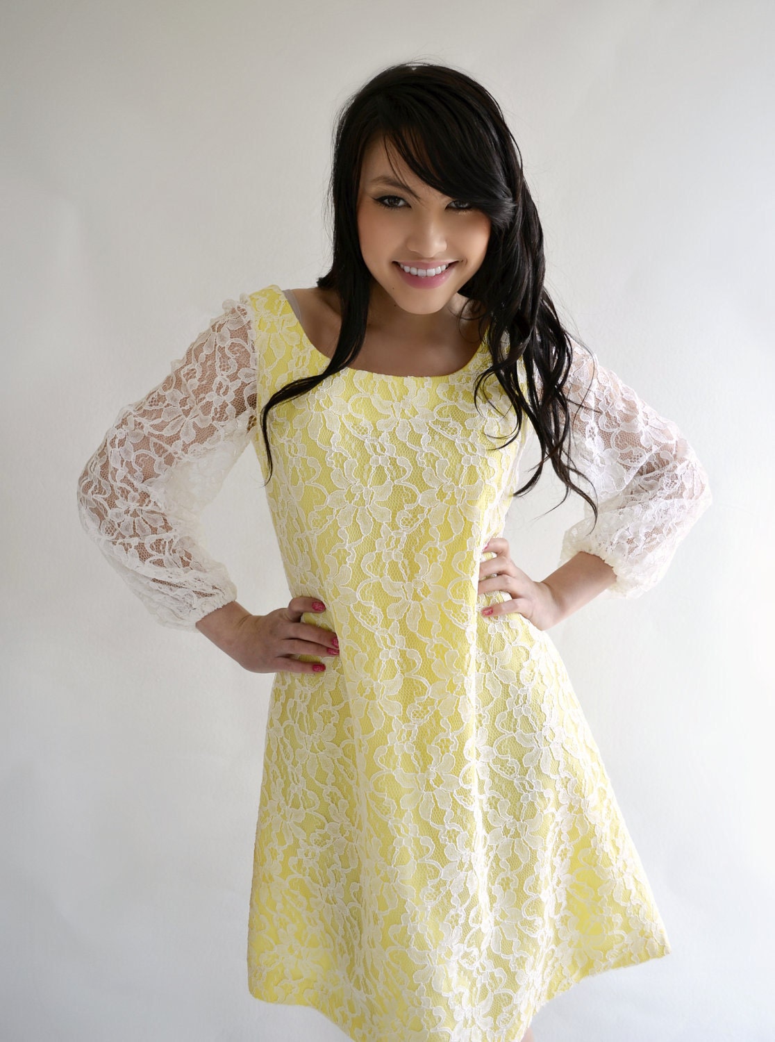 Yellow White Lace Vintage 60s Summer Dress Poet Sleeves A-Line S 34 Inch Bust