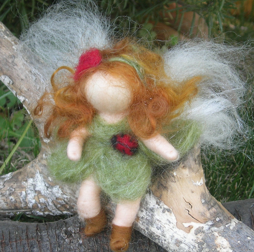 Wee Ladybug Bendy Fairy -   Needle felted soft sculpture - Waldorf Inspired by Rebecca Varon