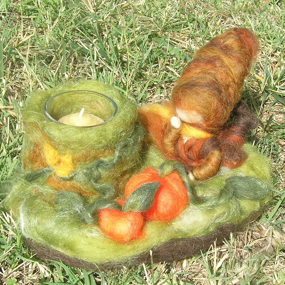 Needle felted Candle Holder Centerpiece Harvest Gnome and Pumpkins soft sculpture Tomptin Elf Waldorf Inspired