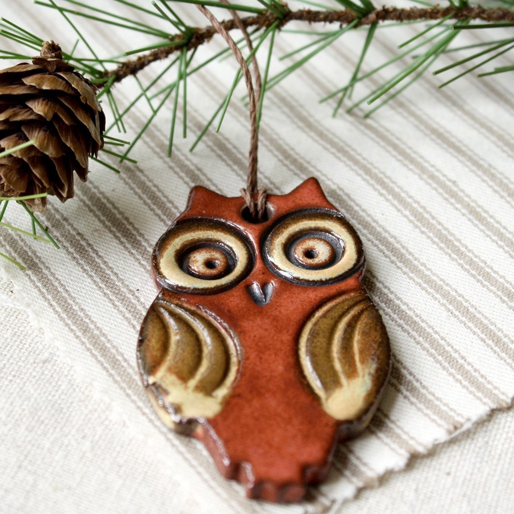 Handmade owl ornament- rustic red hoot owl