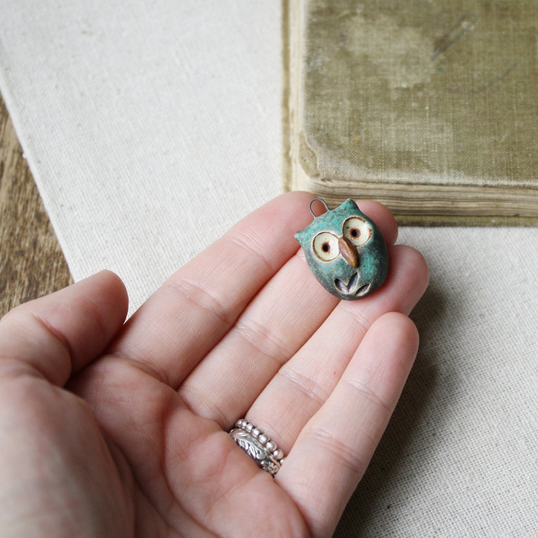 Hoot owl charm- copper patina