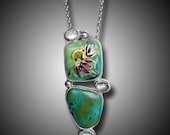 Turquoise Necklace Sterling Silver Necklace with HANDPAINTED Fused Glass Cab  Silver Bullet