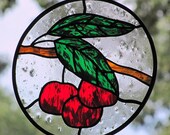 Stained Glass Red Cherries Suncatcher with Green Leaves
