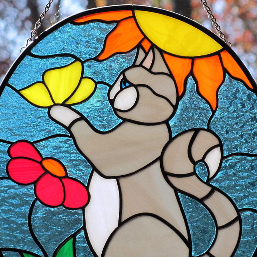 Stained Glass Gray Cat with Yellow Butterfly Oval Suncatcher