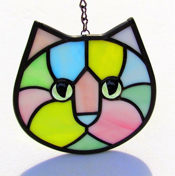 Pastel Calico Stained Glass Kitty Cat Face Suncatcher 1439