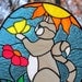 Stained Glass Gray Cat with Yellow Butterfly Oval Suncatcher