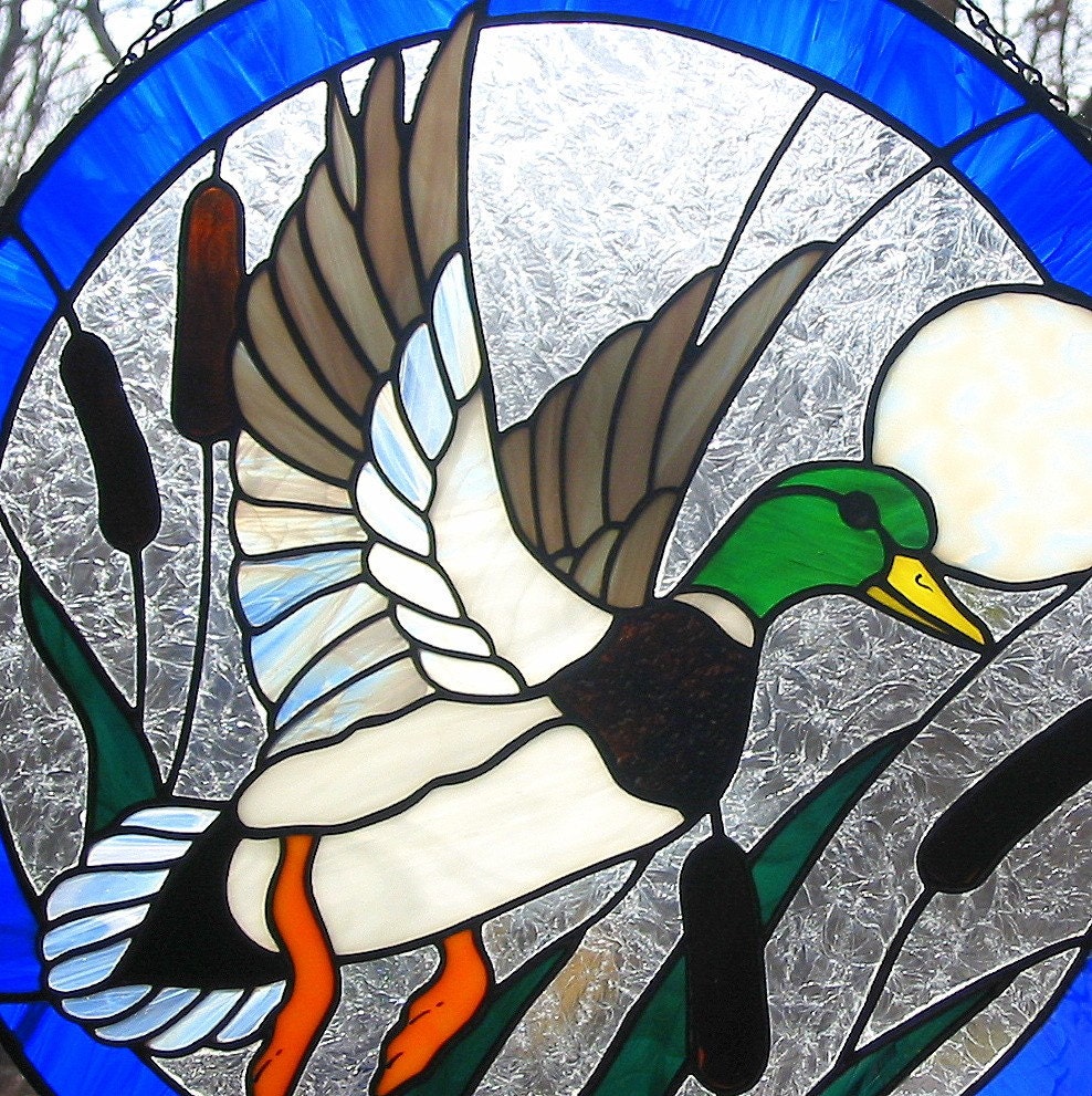 Stained Glass Mallard Duck In Flight Round Panel By Livingglassart