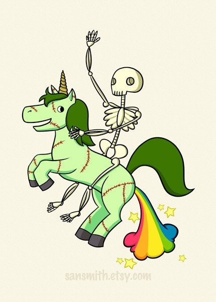 Skeleton riding a Zombie Unicorn print