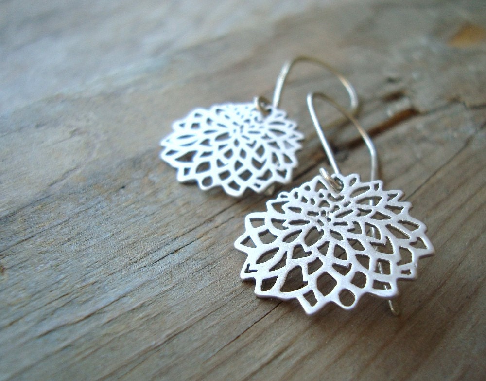 Silver Chrysanthemum Earrings Sterling Metalworked Modern Asian Style READY TO SHIP - FuchsiaBloomStudio
