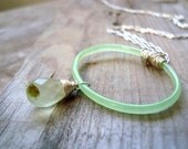 Green Glass and Prehnite Necklace Sterling Silver Wire Wrapped Spring Fashion Grayed Jade