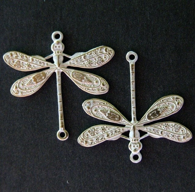 Two Brass Dragonfly Charms - Shabby Chic Collection - White