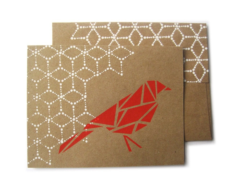 FREE  SHIPPING geometric bird screenprinted eco card