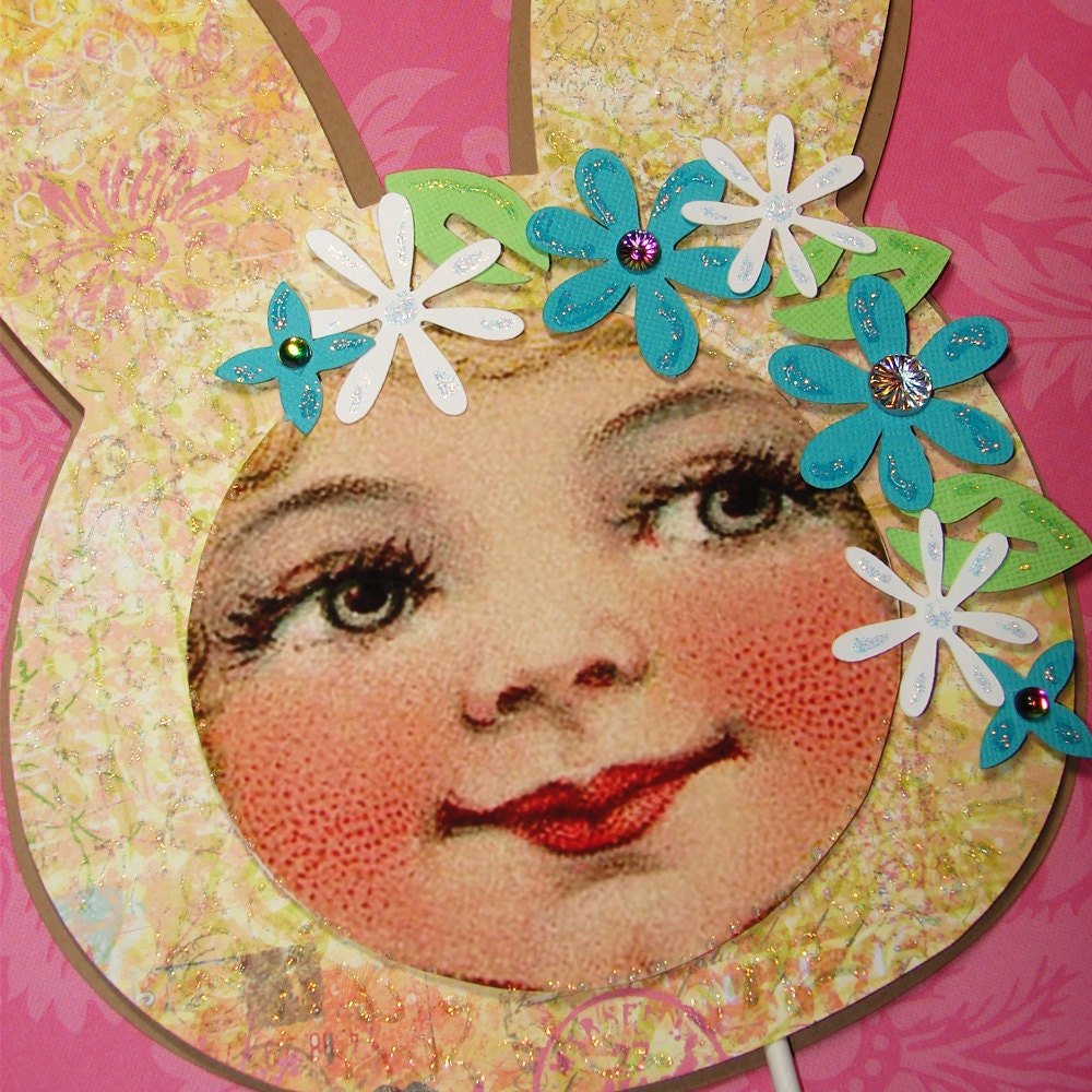 Large Bunny Gilr Cake Topper or Holiday Decoration Handmade and Hand embellished