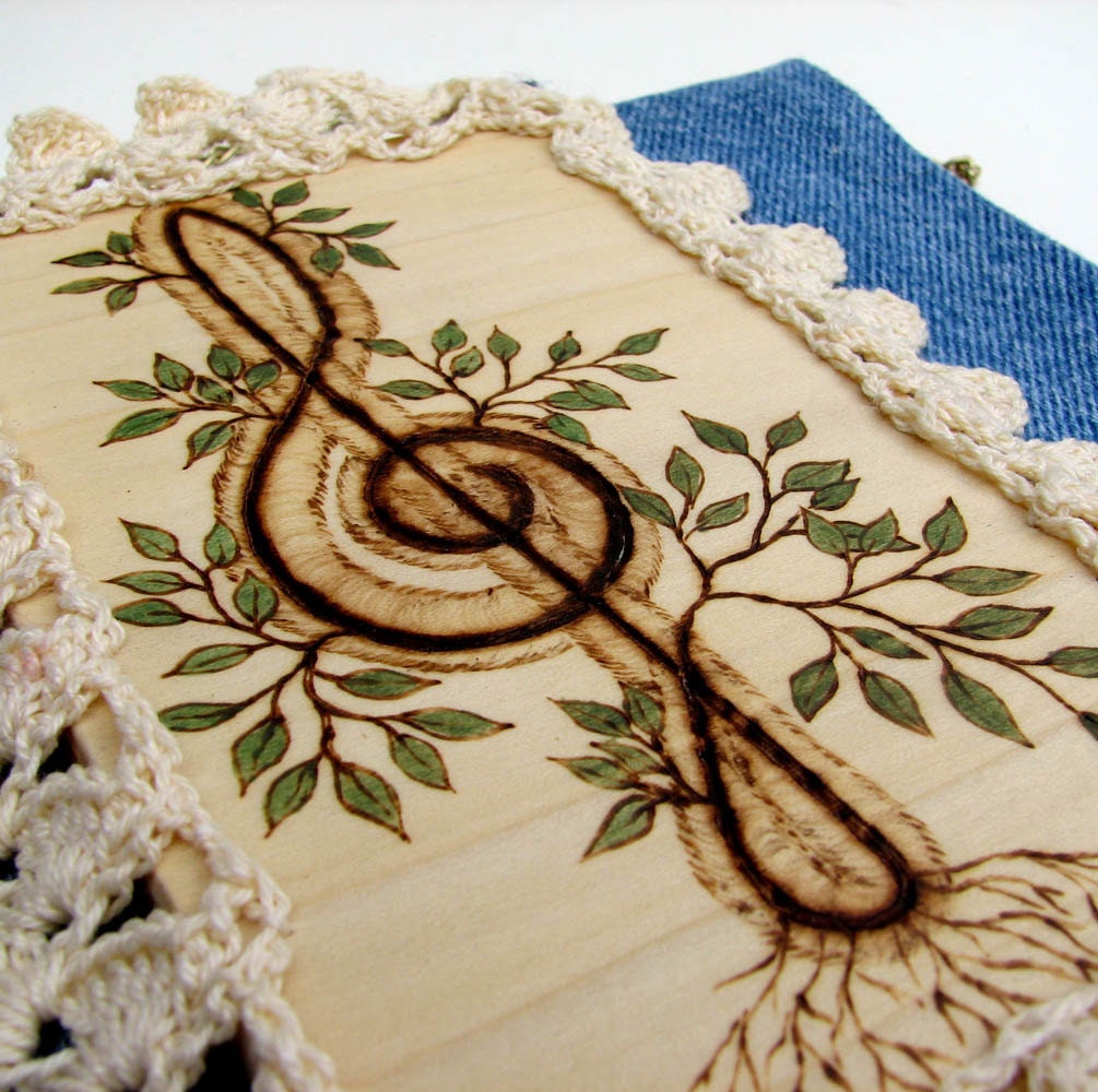 Treble Clef Upcycled Denim Wood Violin Key Pouch by Tanja Sova