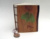 Ginkgo biloba Embroidered Customizable Rustic Natural Edge American Black Walnut Wood Wedding Guest Book or Journal by Tanja Sova