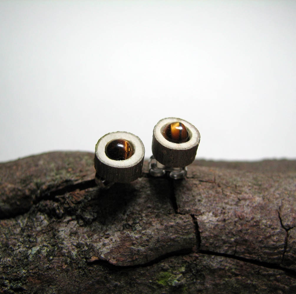 MINIATURE Rustic Dogwood Twig Wooden Stud Earrings with Tiger's Eye Bead No2 by Tanja Sova
