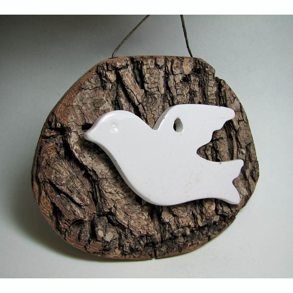Freedom and Peace - Porcelain White Dove on a Natural Bradford Pear Bark by Tanja Sova