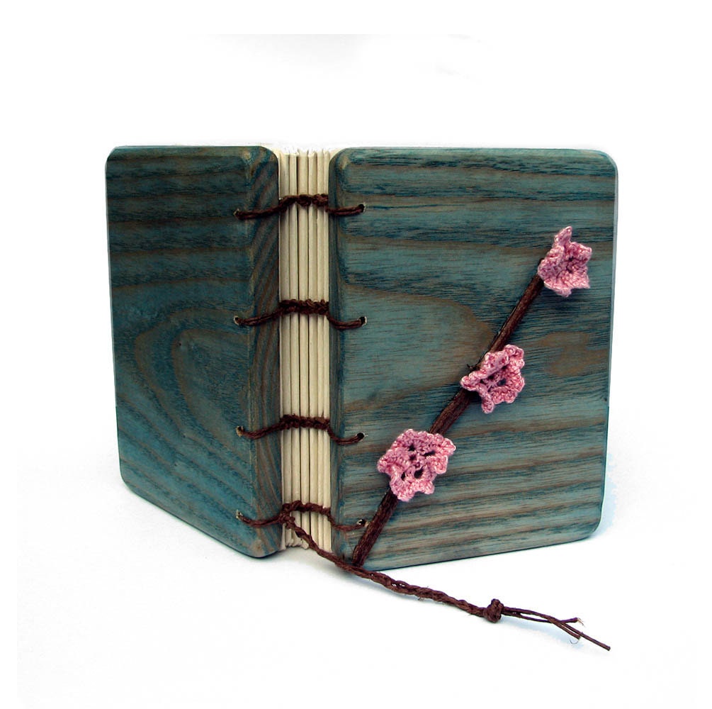 Sky Blue Crochet Sakura Blossom Wooden Ash Wedding Guestbook or Journal With Torn Edges - Prunus serrulata by Tanja Sova