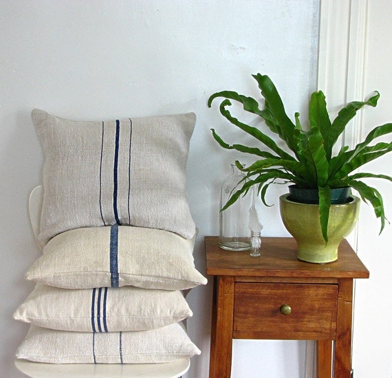 Grain Sack Pillow Triple Blue Stripes