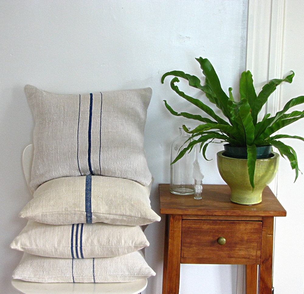 Grain Sack Pillow Triple Blue Stripes