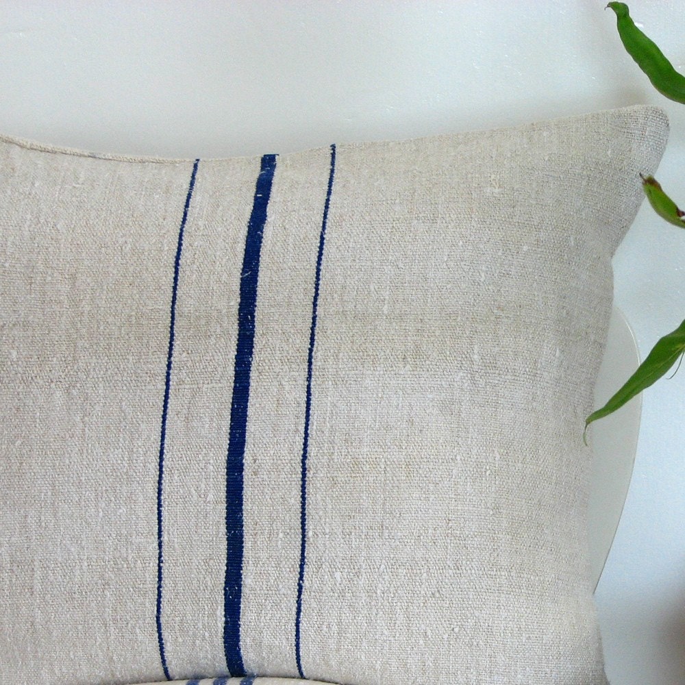 Grain Sack Pillow Triple Blue Stripes