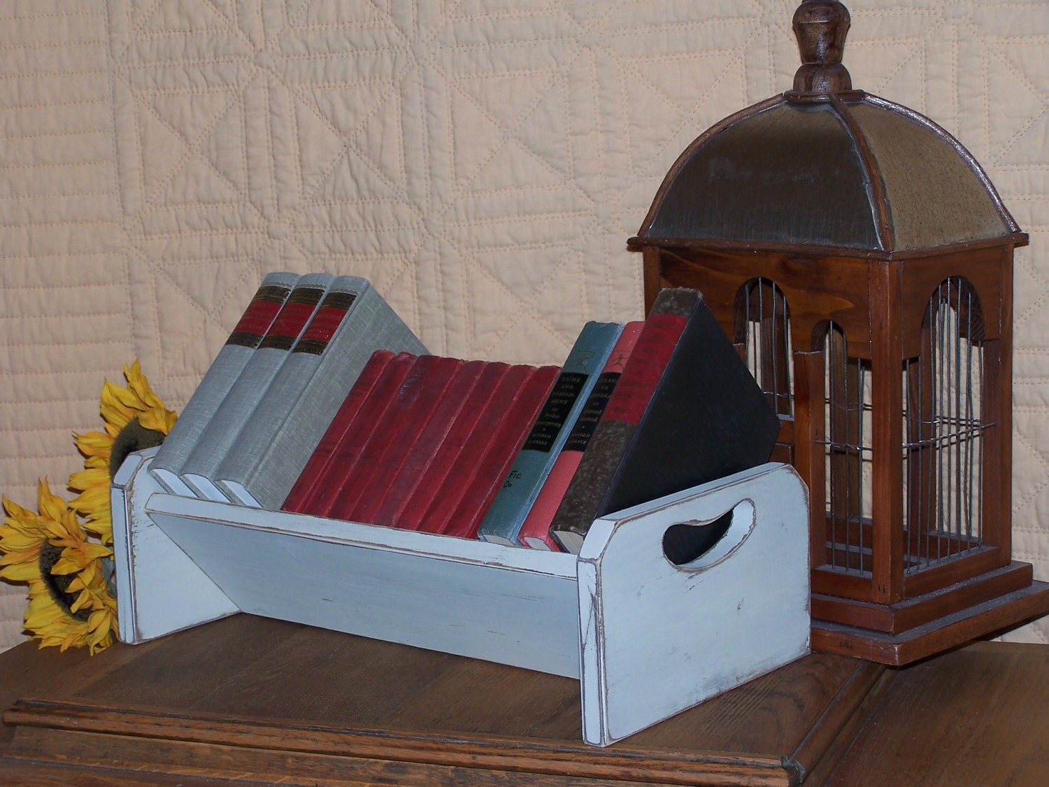 Wood Book Shelf Cradle, Shabby Chic Home Decor, Wooden Desk Table Top Organizer, French Country Cottage, Primitive Farmhouse Kitchen Display