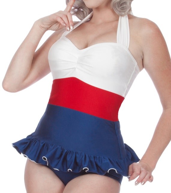 Sailor Color Blocked Nautical Retro Tankini Bombshell Americana Swimsuit Two Piece Set (S-XL, & 2X)