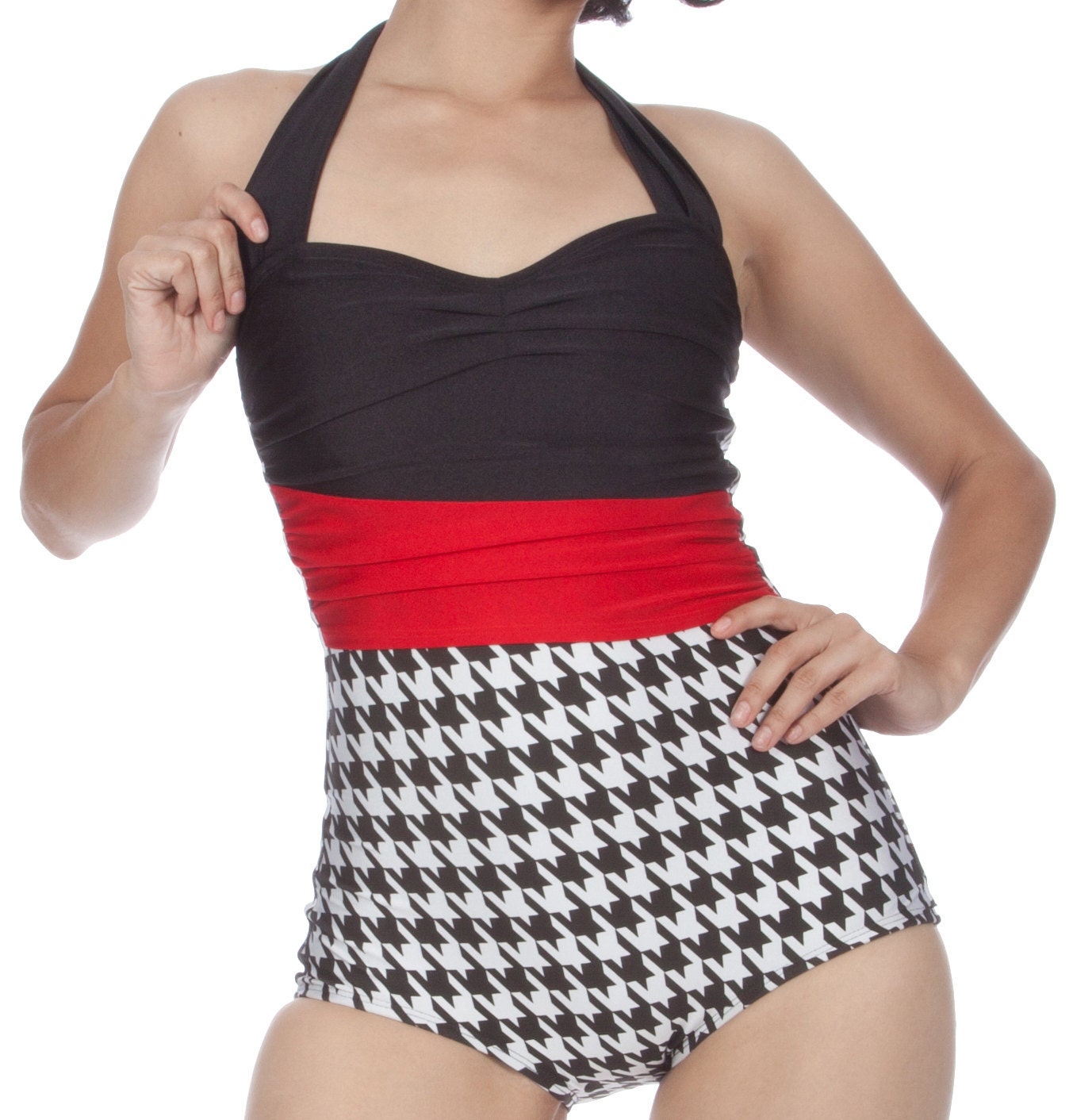SALE  Lauren Onepiece Houndstooth Ruched Front Halter Swimsuit (S and M only)
