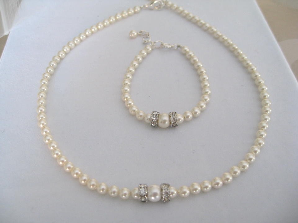 Wedding Jewelry Flower Girl Pearl Rhinestone necklace and bracelet set - Bridal Accessories-Wedding Jewelry