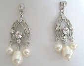 Bride-Bridesmaid-Rhinestone Chandelier Earrings-Teardrop Pearl-Vintage