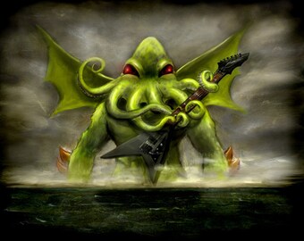 Cthulhu Awakens and Totally Shreds a Sweet Ass Guitar Solo 11x14 fine art print