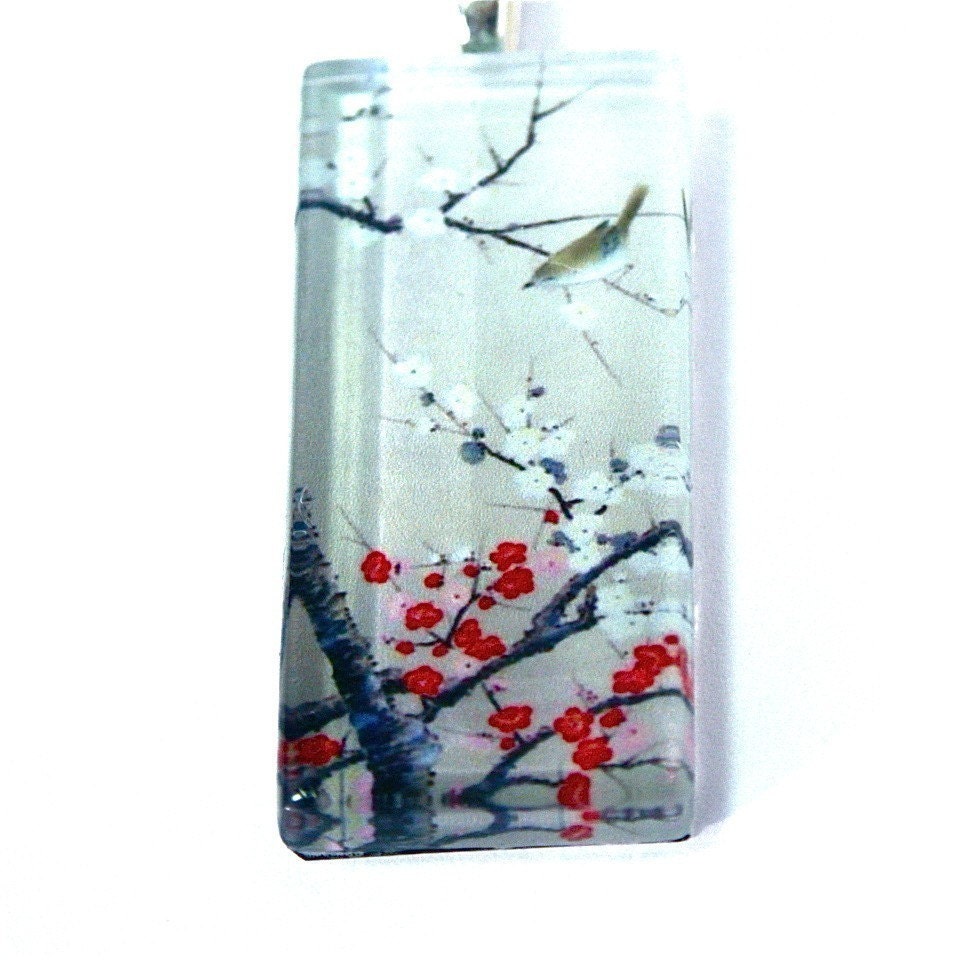 Glass Tile Pendant Image of Japanese Painting of Yellow Bird in The Plum Blossoms