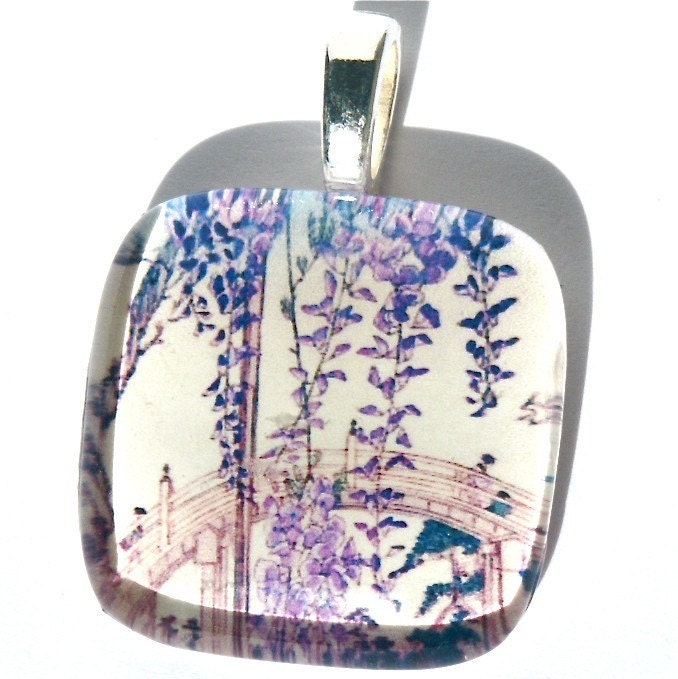 Pendant Violet Wisteria Blossoms Curved Bridge In Background Asian Painting