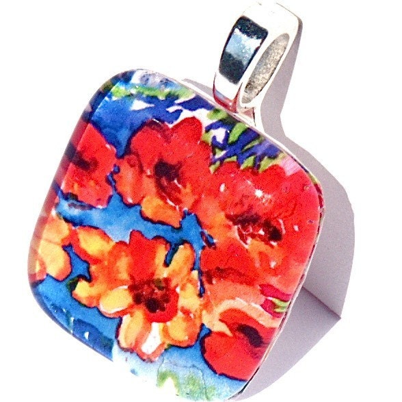 Pendant Cynthia Van Horne Ehrlich's Painting of Orange Sunflowers On Blue